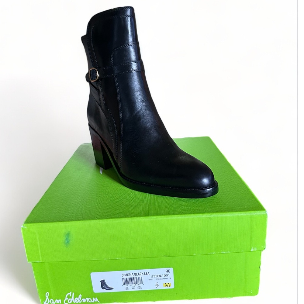 NIB Sam Edelman Simona Black Leather Block Heel Booties Size 9 - Picture 7 of 12